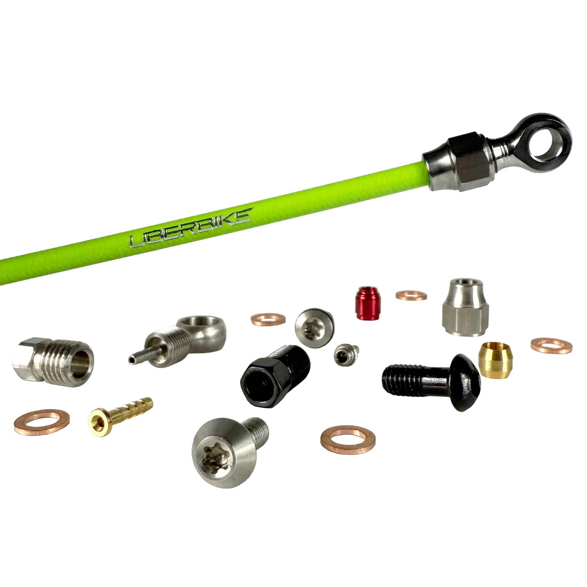Green hydraulic brake hose kit and fittings on a white background