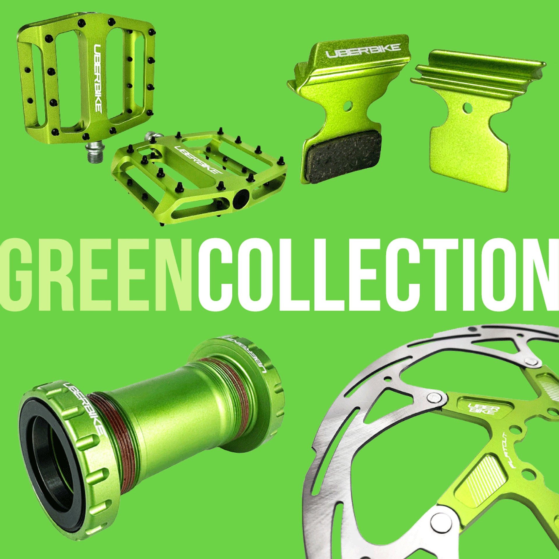 Collection of green bike components on a green background with 'Green Collection' text