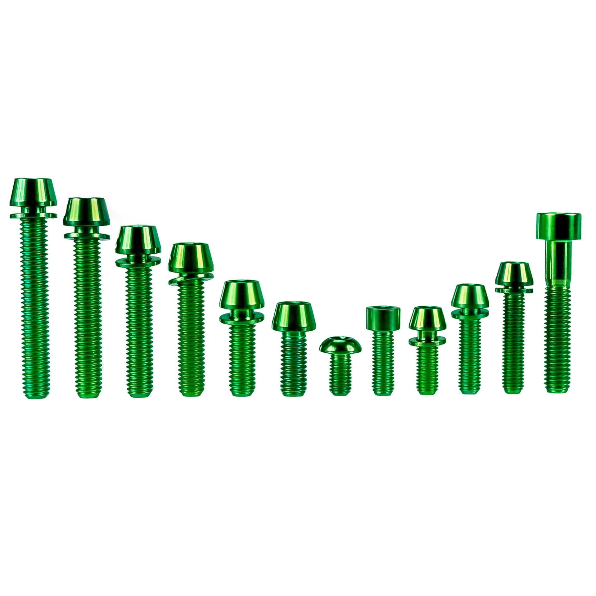 Set of green titanium bolts on a white background