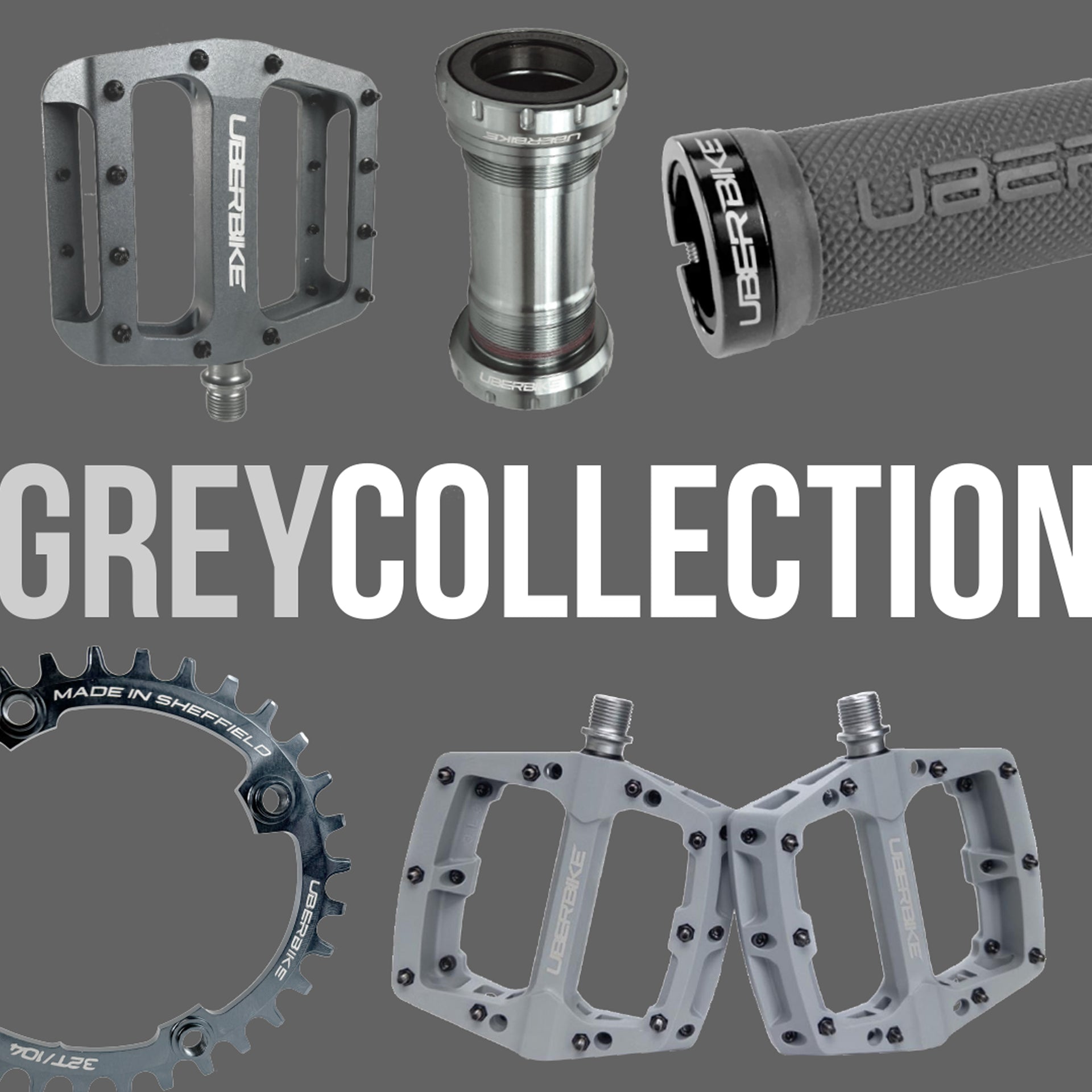 Collection of cycling components with 'Uberbike' branding on a gray background