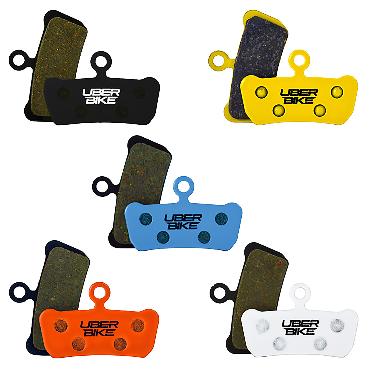 5 sets of Uberbike brake pads in various colors on a white background.