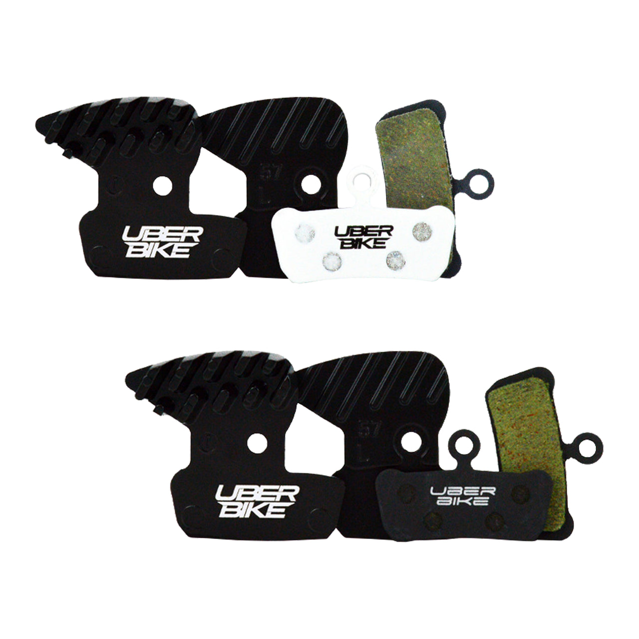 Finned Uberbike brake pads with Uberbike branding on a white background.