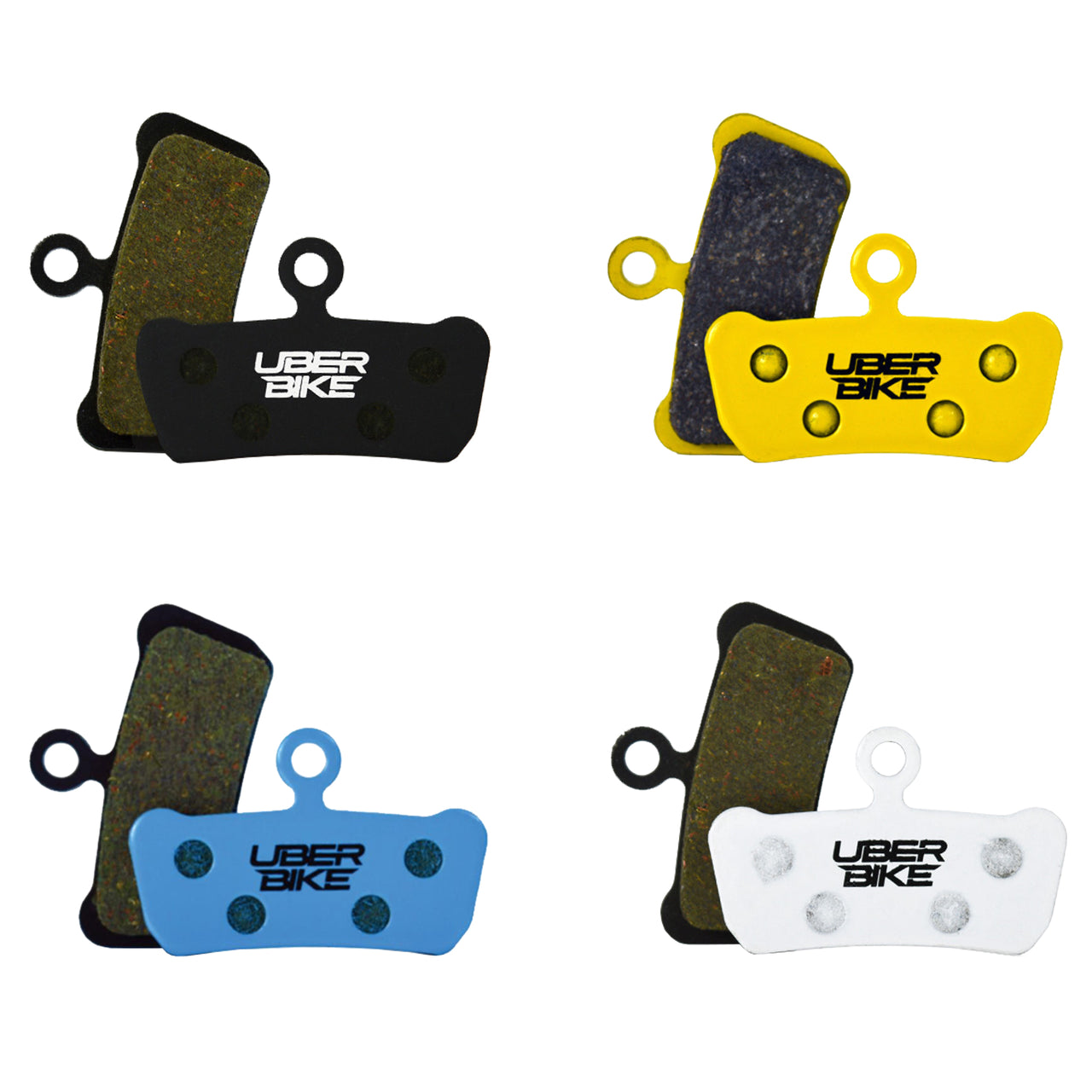 Set of Uberbike brake pads in black, yellow, blue, and white on a white background.