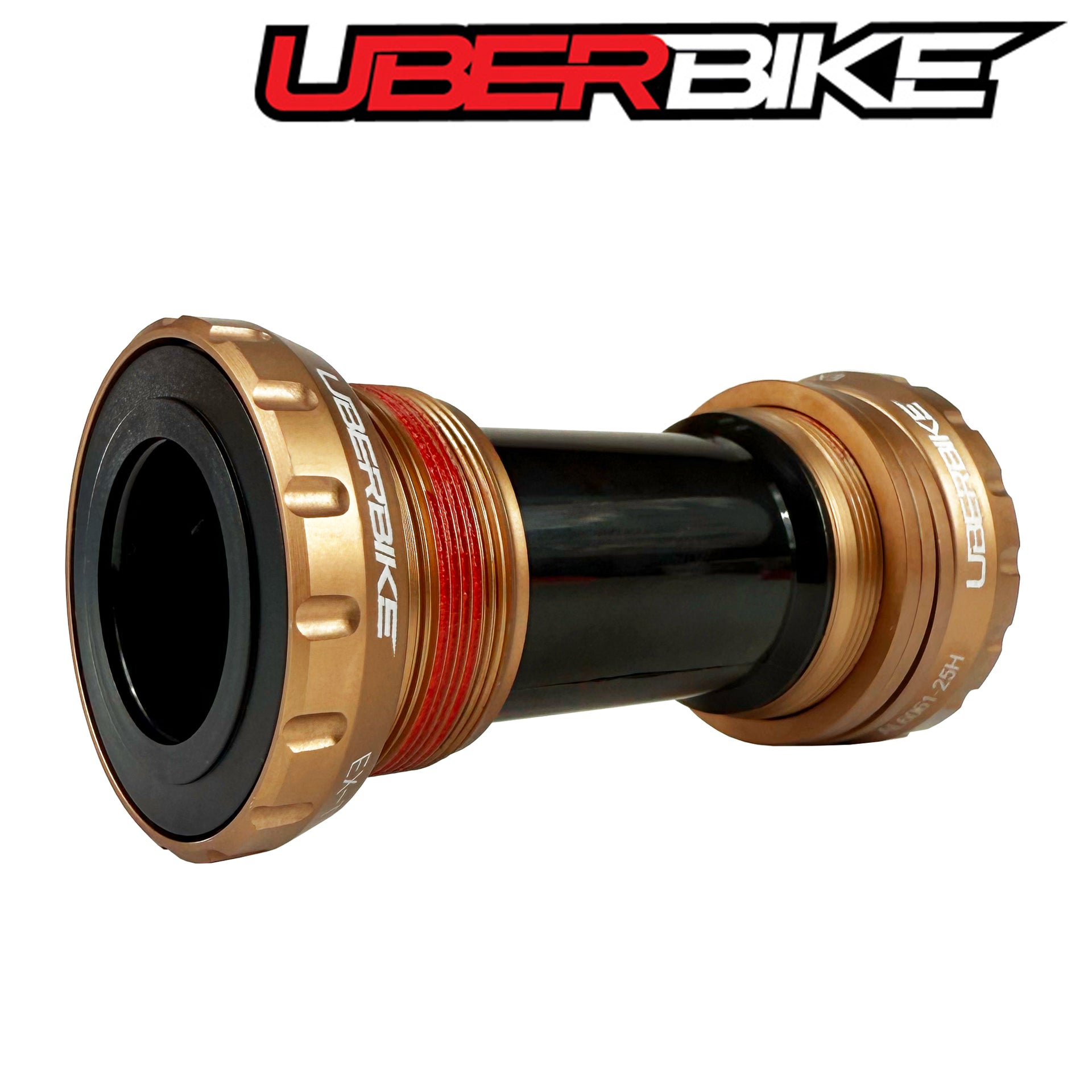 Uberbike HT2 MTB/Road bottom bracket in bronze colour on a white background with Uberbike logo above.