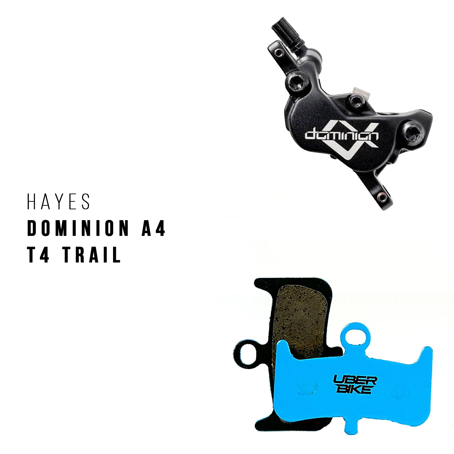 Hayes Dominion A4 brake caliper with Uberbike brake pads on a white background