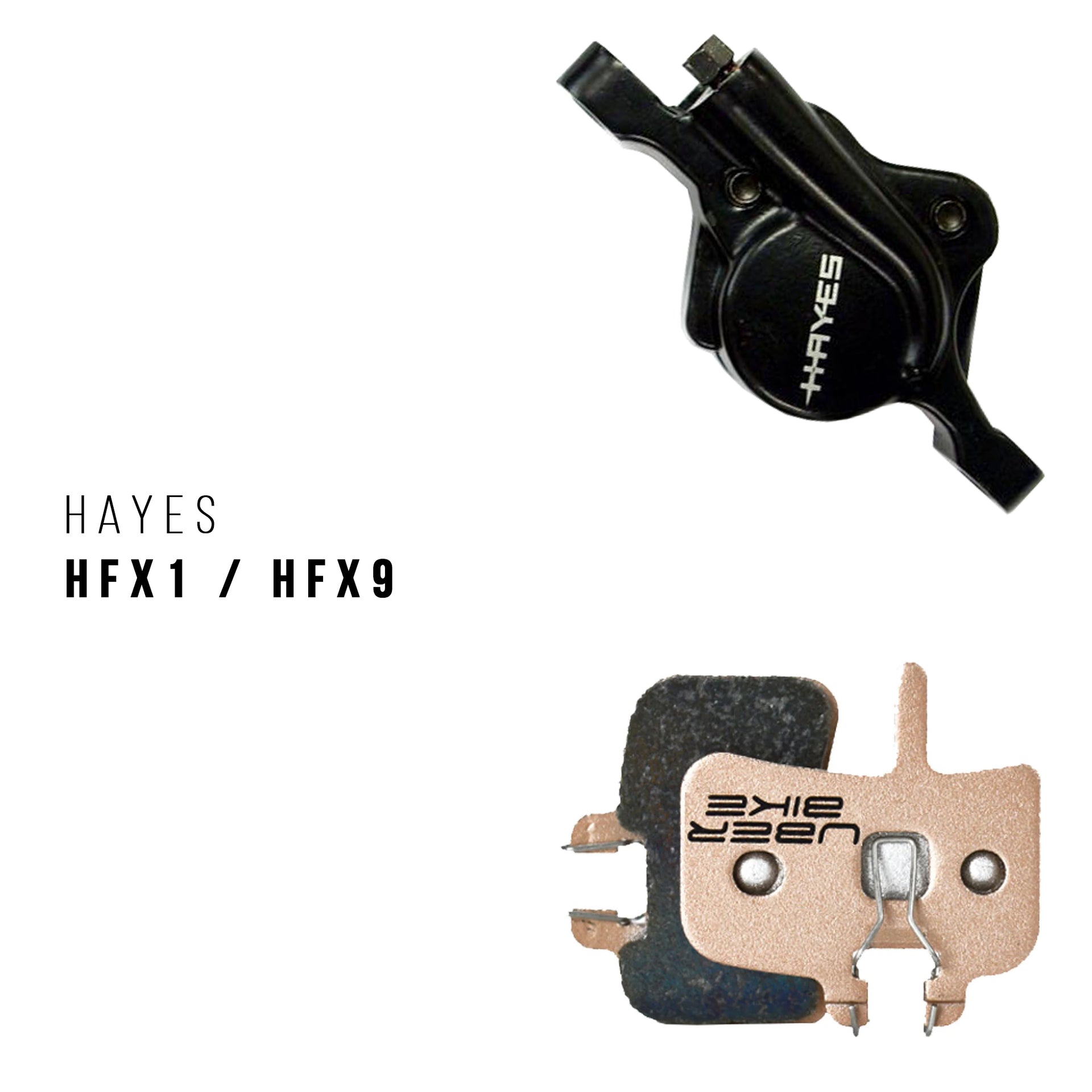 Hayes HFX brake caliper with uberbike brake pads on a white background