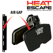 sram motive stealth graphene bicycle brake pads with a hollow backplate design, showing red arrows indicating the air gap feature. The brand 'HEAT ESCAPE' is visible in the top right, and 'UBER BIKE' is printed on the side
