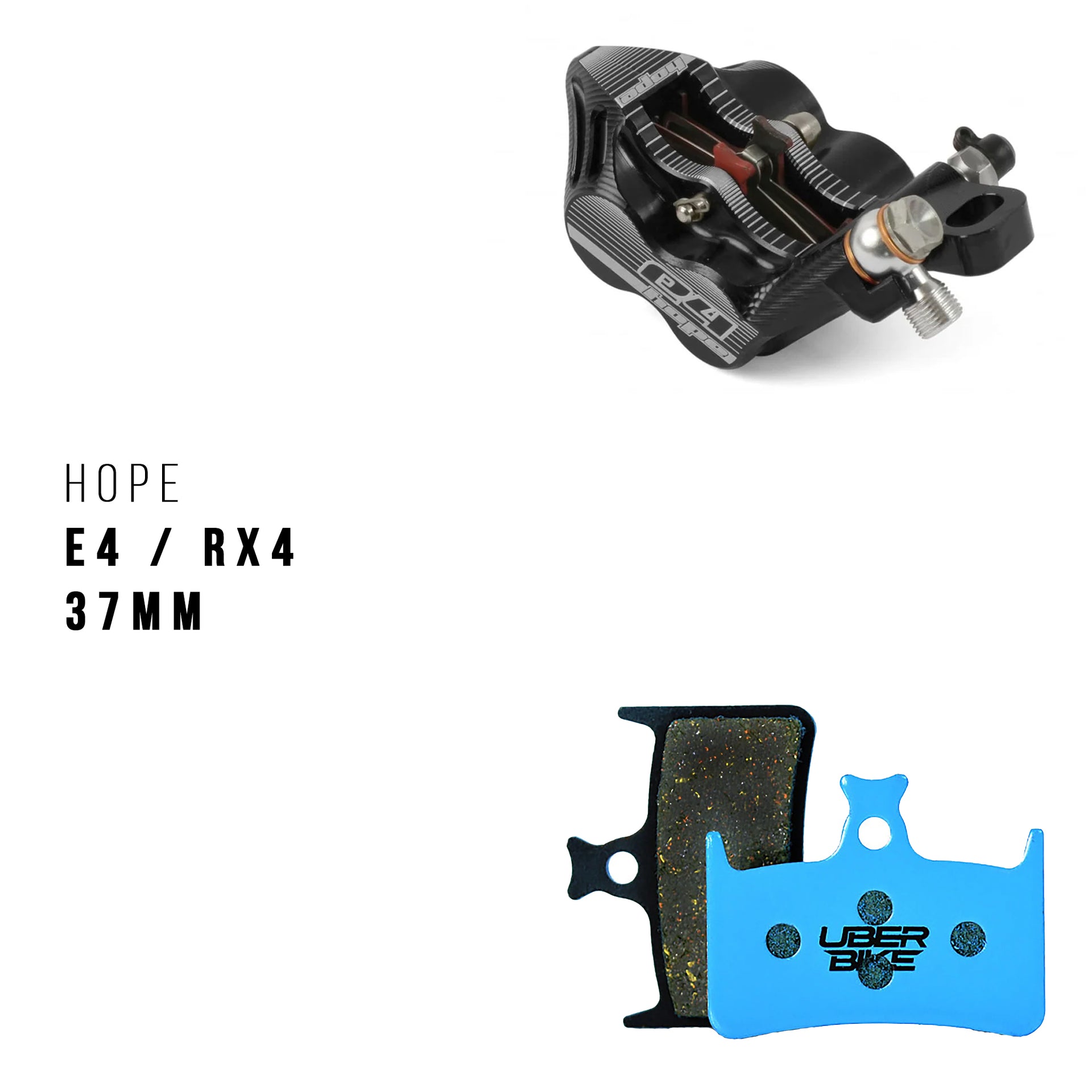 Bicycle brake caliper and pads with 'HOPE' branding on a white background