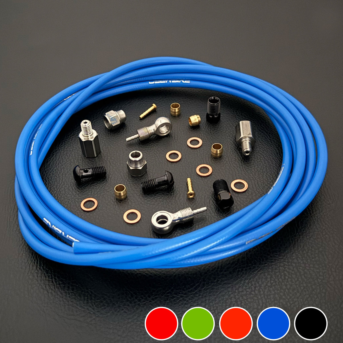 Hope EVO TR4 blue kevlar hydraulic brake hose kit with banjo fittings and Uberbike branding on a black background with a colour panel on the bottom right hand corner