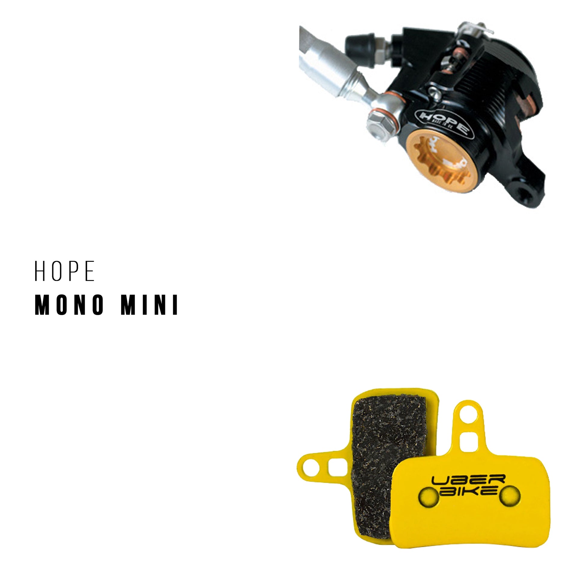HOPE Mono Mini brake system with yellow UBERBIKE brake pads on a white background