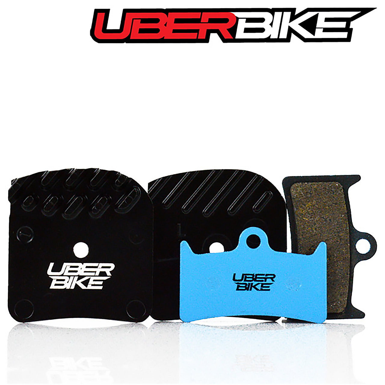 Finned Uberbike brake pads with Uberbike branding on a white background.