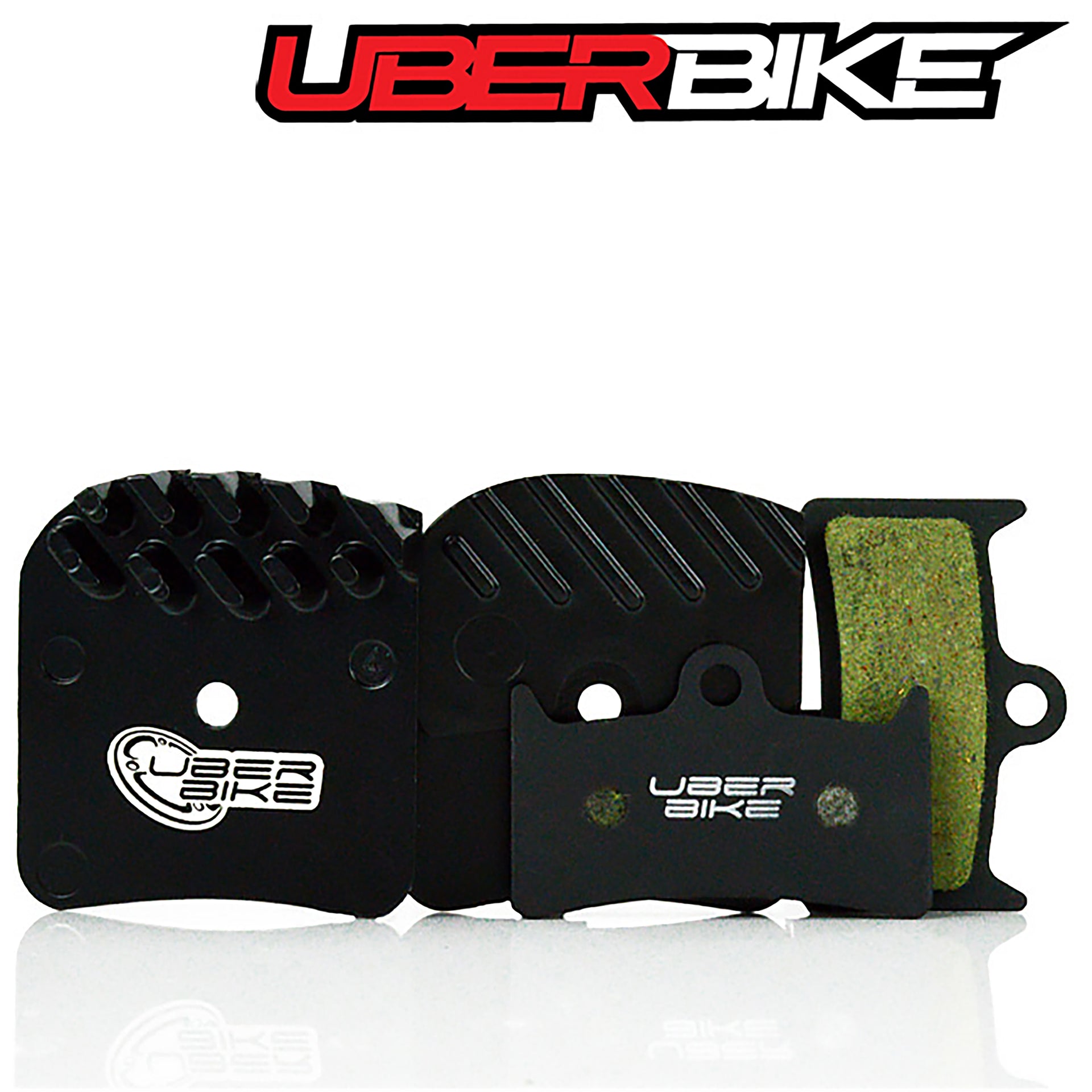 Finned Uberbike brake pads with Uberbike branding on a white background.