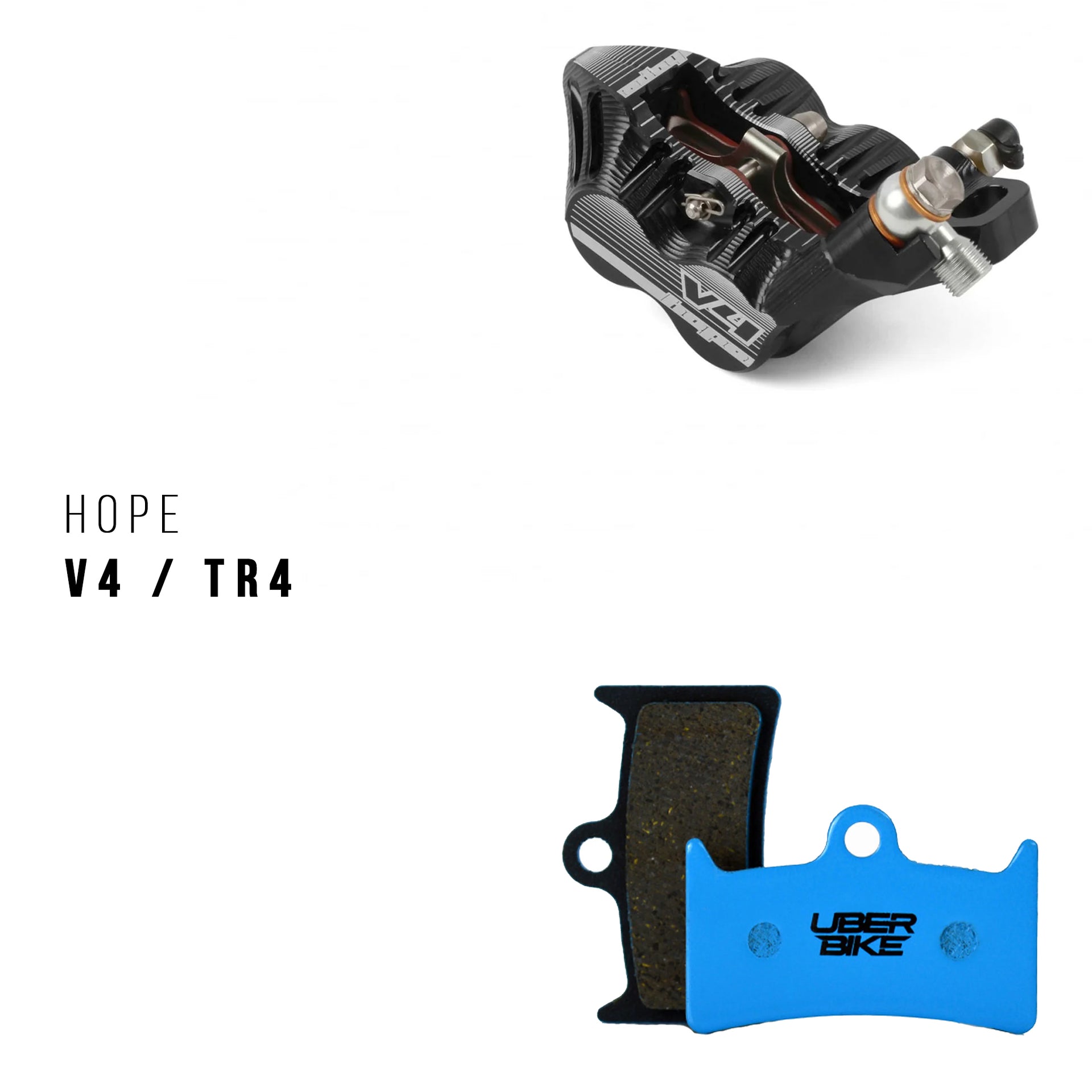 Bicycle brake caliper and pads with 'HOPE V4/TR4' branding on a white background.