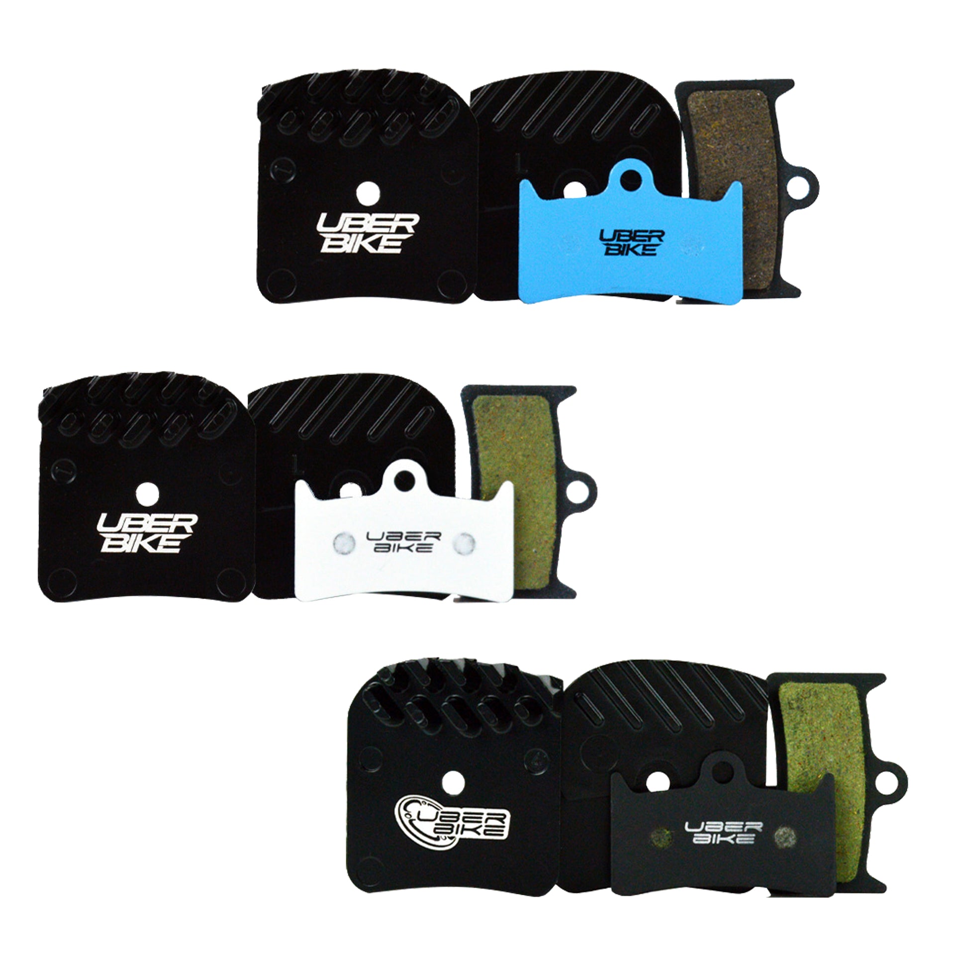 3 finned brake pads for Hope V4 braking systems on a white background