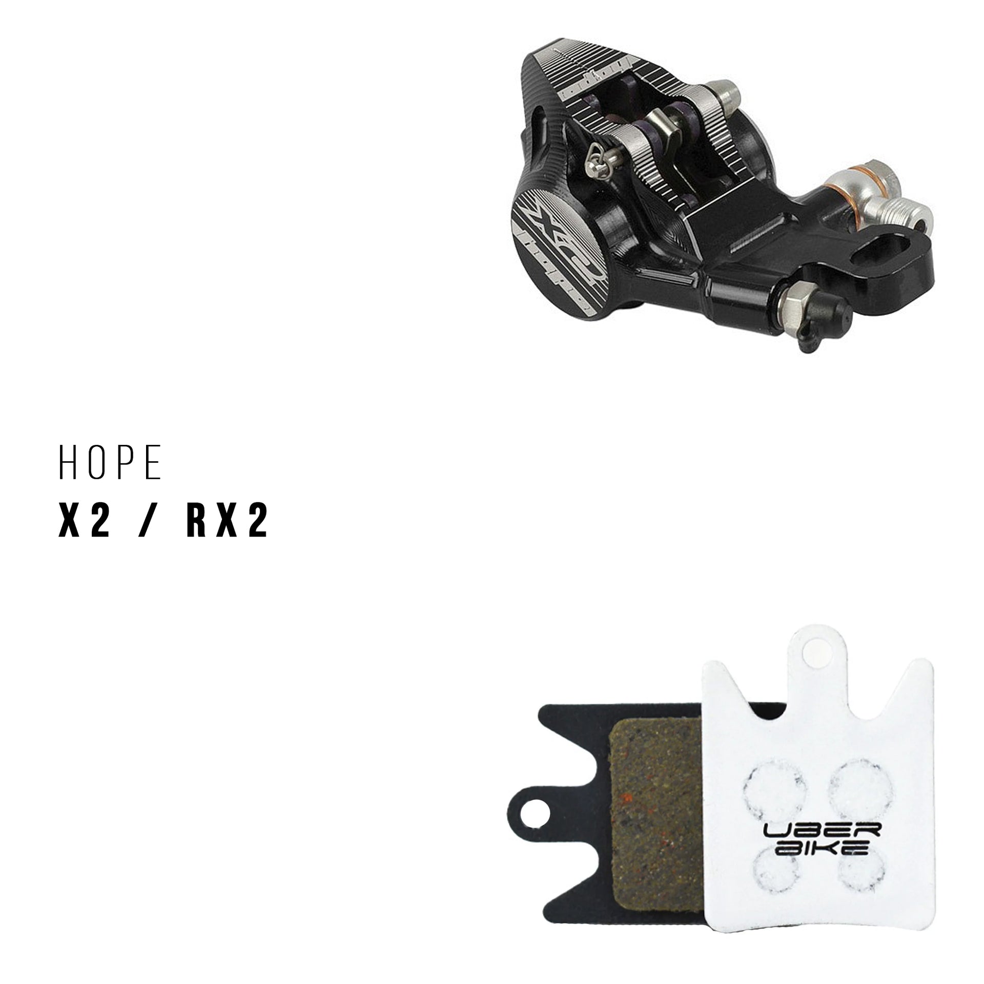 Hope X2 brake caliper with Uberbike brake ads on a white background