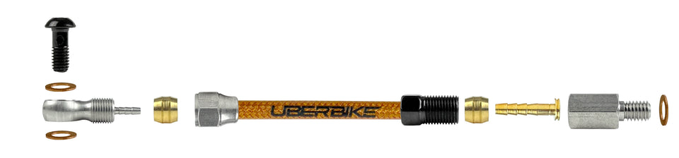 Shigura hydraulic kevlar braid brake hose fittings using a banjo bolt with Uberbike branding on a white background