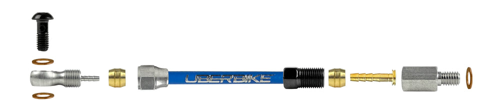 hope hydraulic brake hose fittings using a banjo bolt with Uberbike branding on a white background