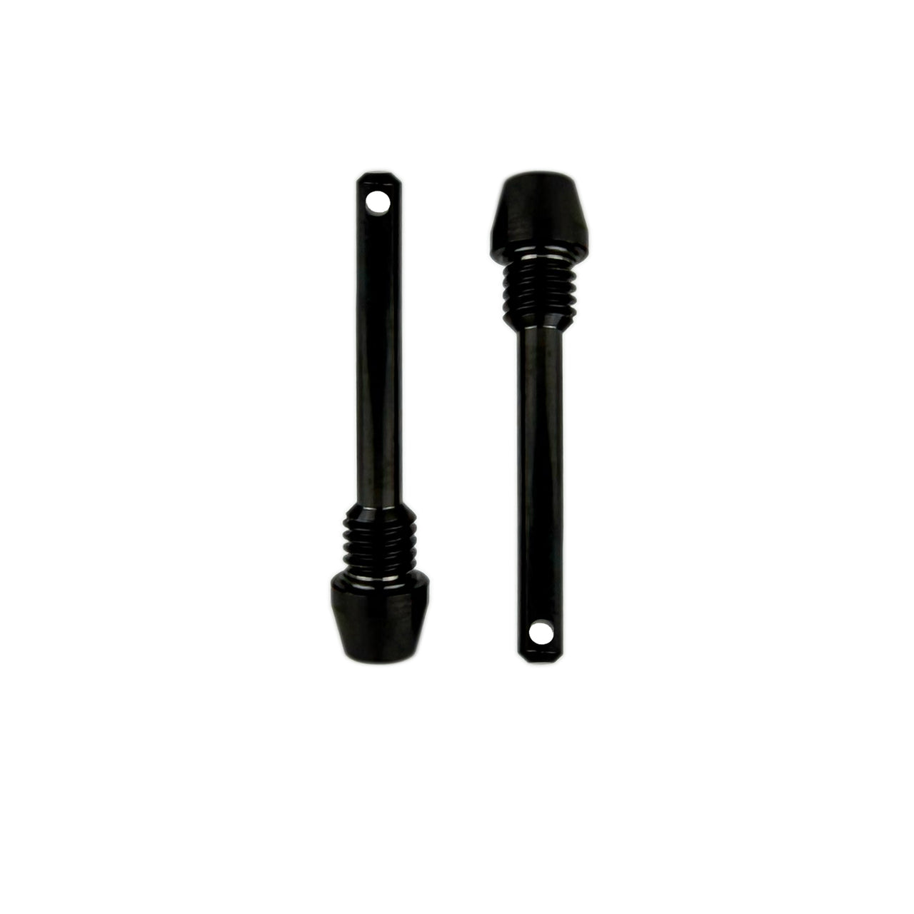 Two black retaining brake pads pins with threaded ends shown on a plain white background