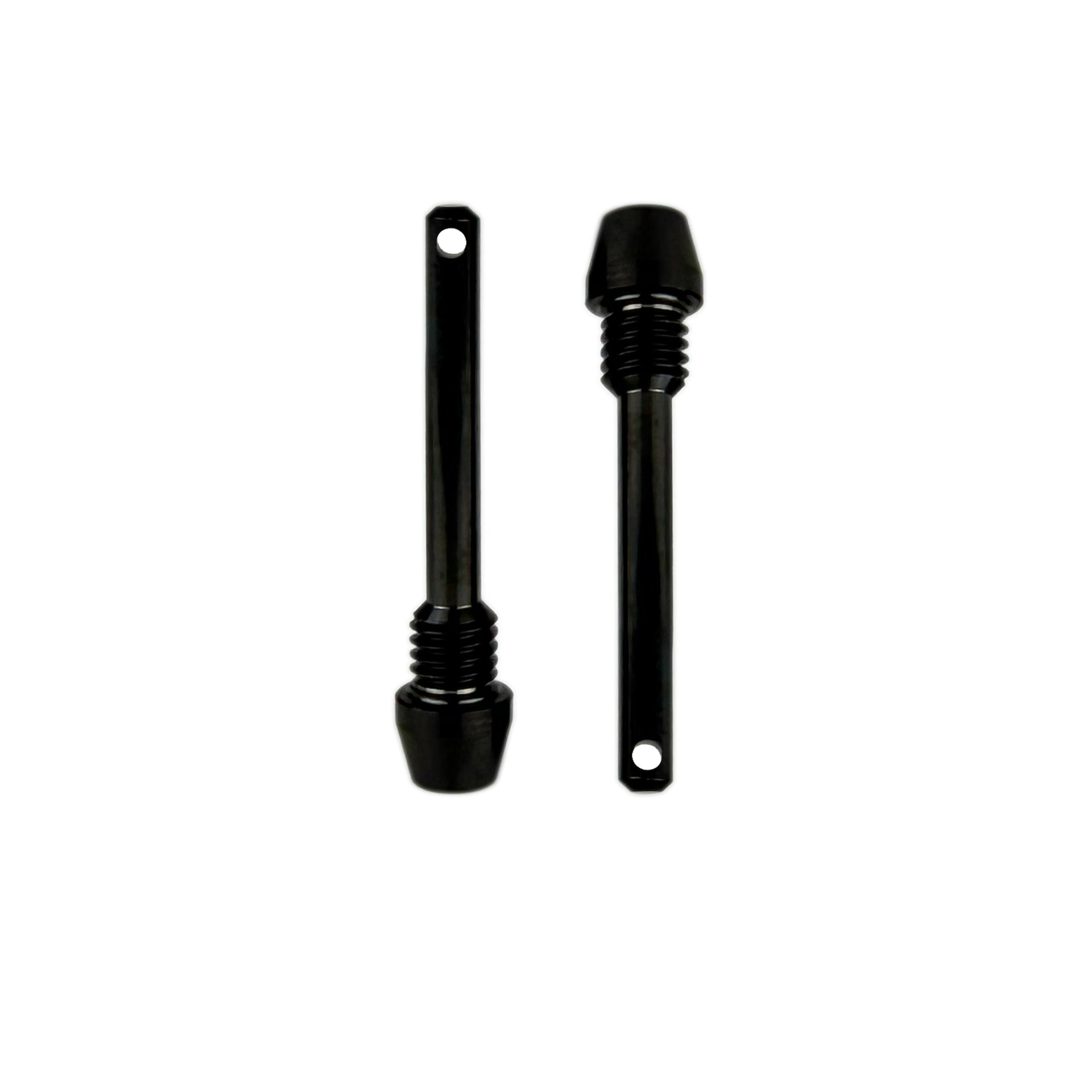 Two black retaining brake pads pins with threaded ends shown on a plain white background