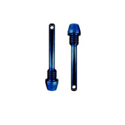 Two blue retaining brake pads pins with threaded ends shown on a plain white background