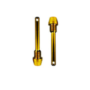 Two gold retaining brake pads pins with threaded ends shown on a plain white background