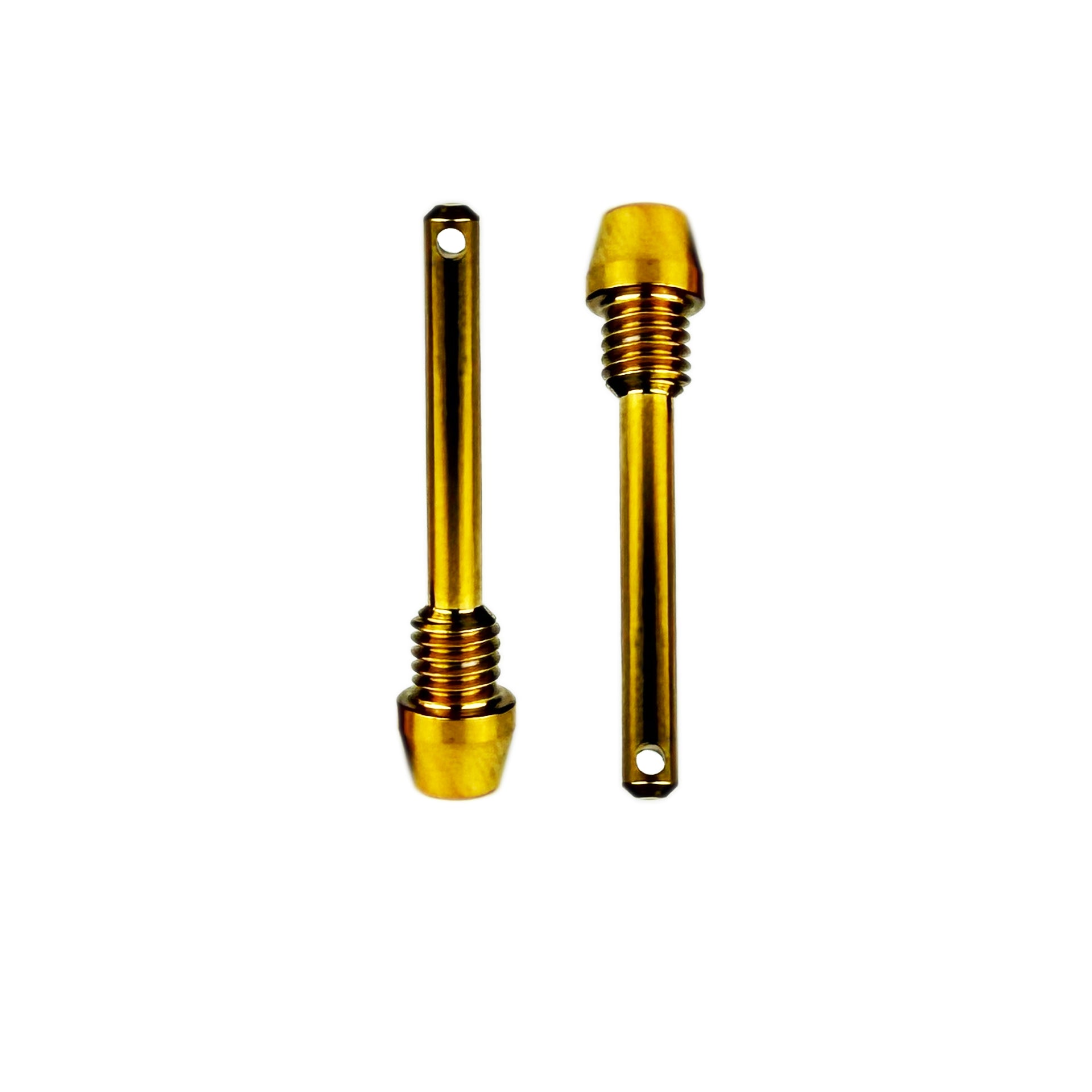 Two gold retaining brake pads pins with threaded ends shown on a plain white background