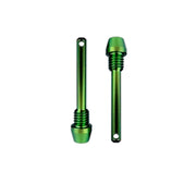 Two green retaining brake pads pins with threaded ends shown on a plain white background