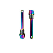 Two oil slick / rainbow retaining brake pads pins with threaded ends shown on a plain white background