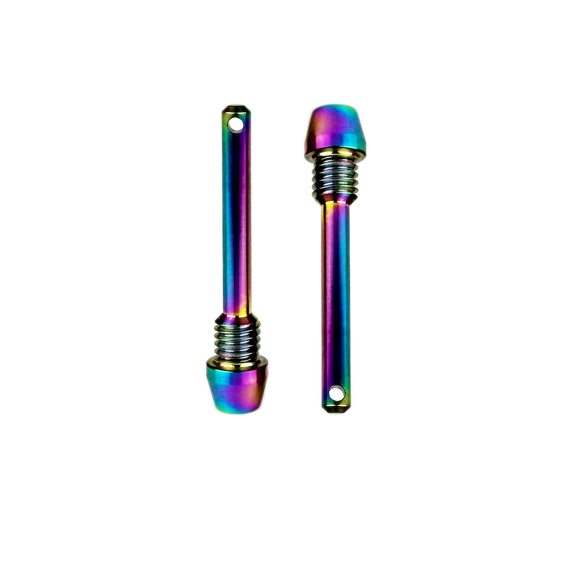 Two oil slick / rainbow retaining brake pads pins with threaded ends shown on a plain white background