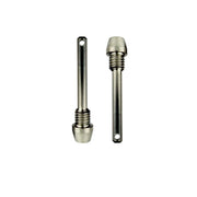 Two raw polished retaining brake pads pins with threaded ends shown on a plain white background