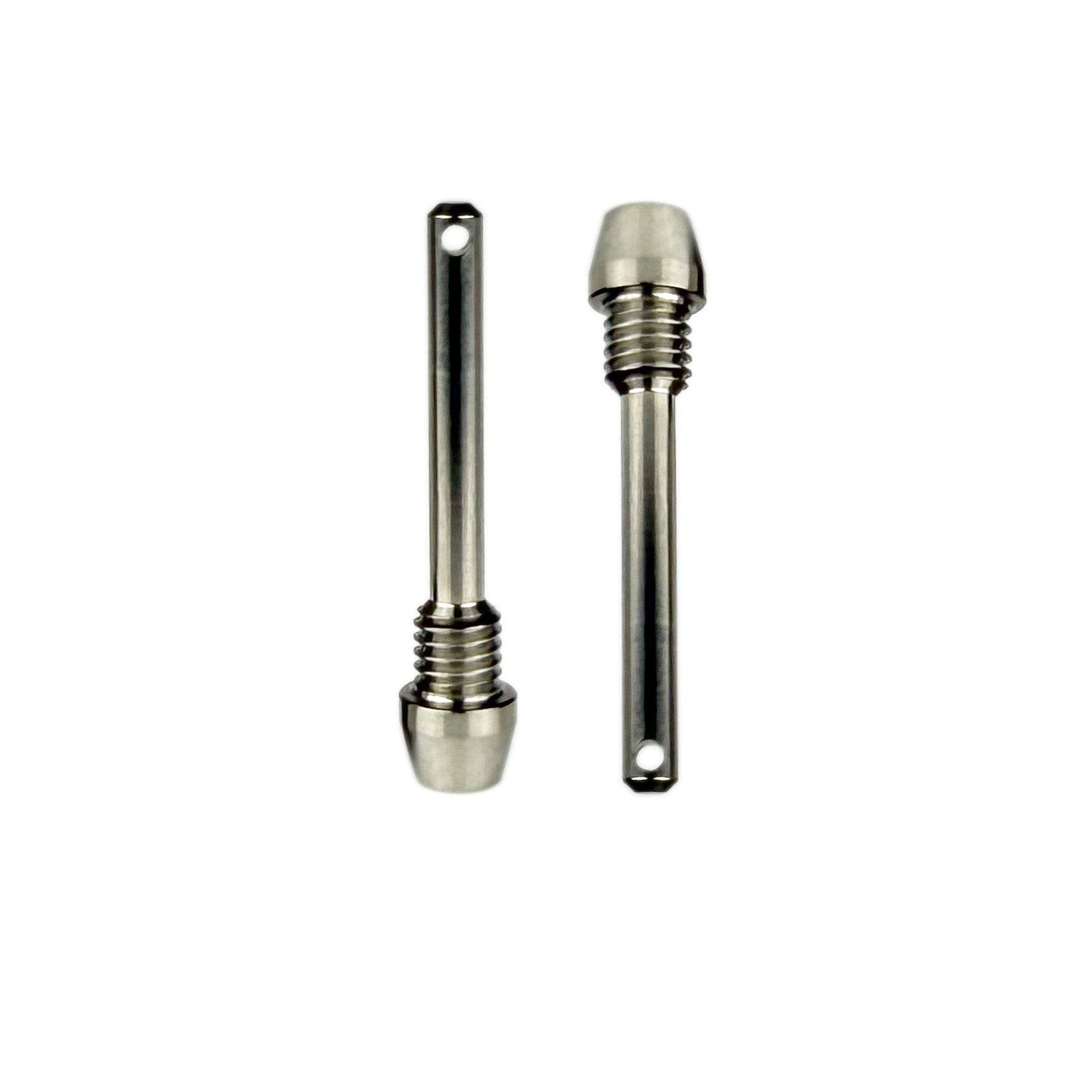 Two raw polished retaining brake pads pins with threaded ends shown on a plain white background