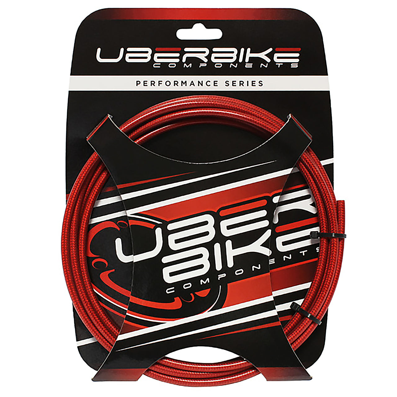 red braid hydraulic brake hose kit with Uberbike branded packaging on a white background