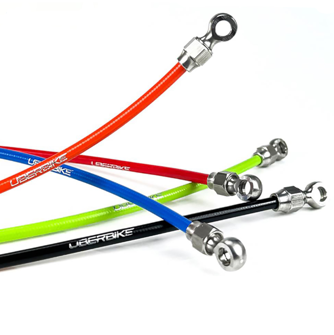 5 different coloured hoses for hydraulic brake hose and reverb kits, on a white background