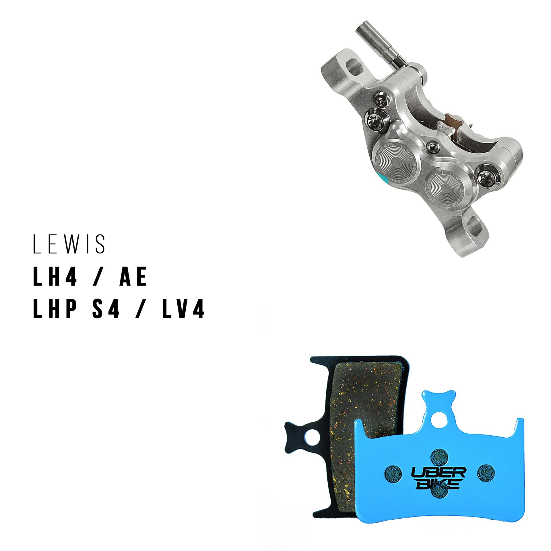 Lewis LH4 brake caliper and pads on a white background with 'UberBike' branded brake pads
