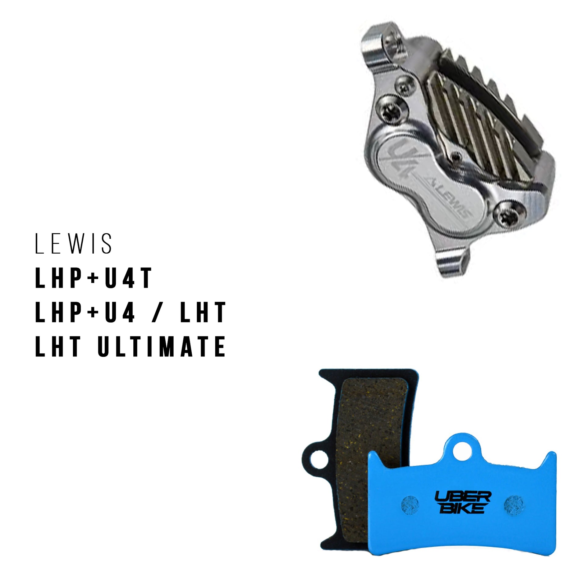 Lewis LHP U4 brake caliper with Uberbike brake pads with on a white background
