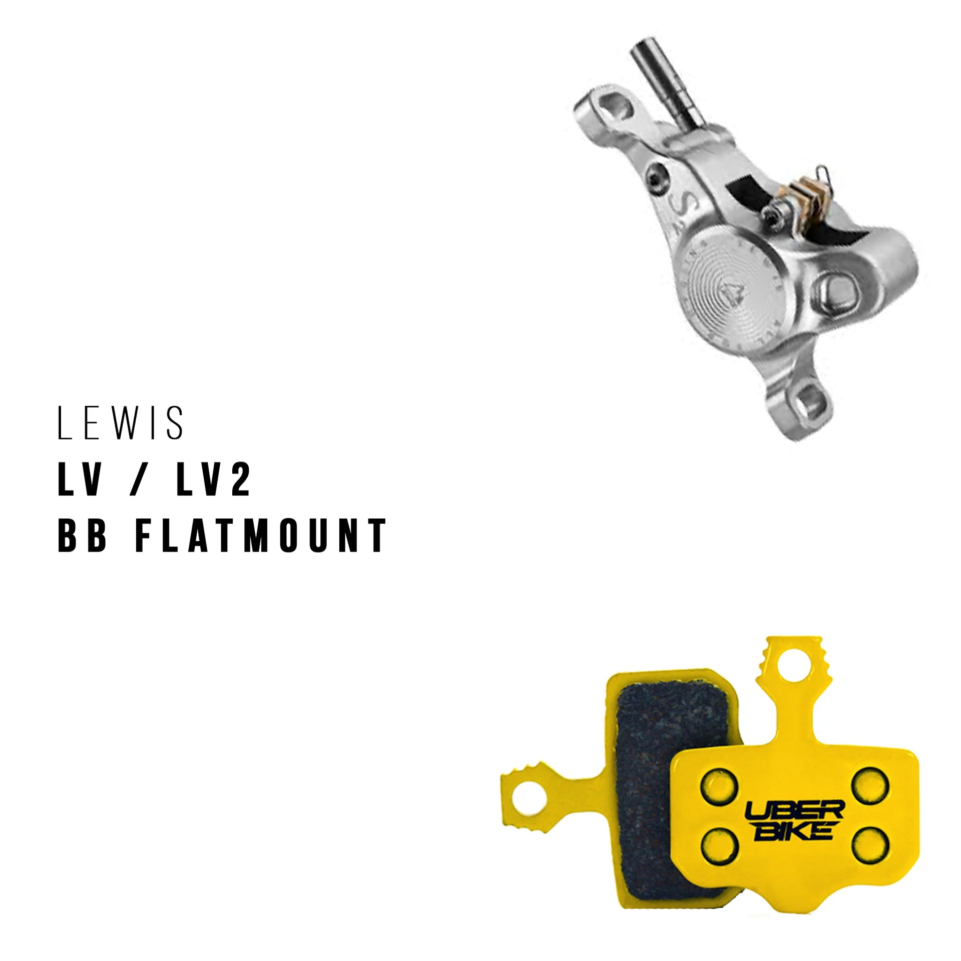 Lewis LV Brake caliper with uberbike brake pads on a white background