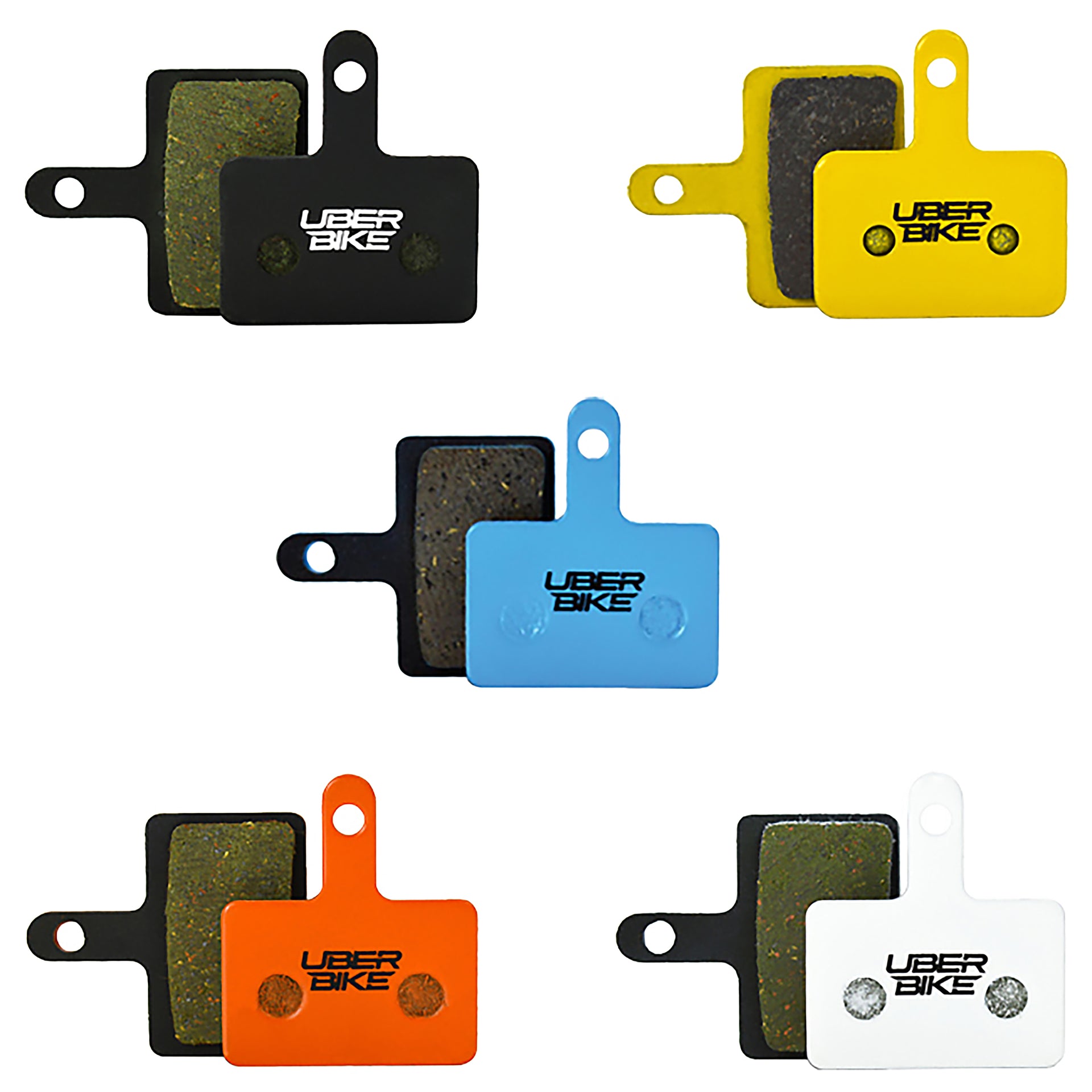 5 sets of Uberbike brake pads in various colors on a white background.