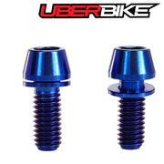 Two blue  titanium screws with Uberbike logo above on a white background