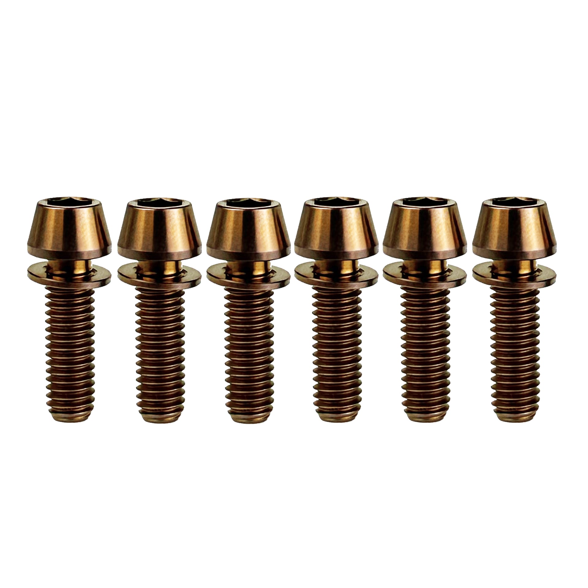6 M6x20mm bronze titanium bolts on a white background