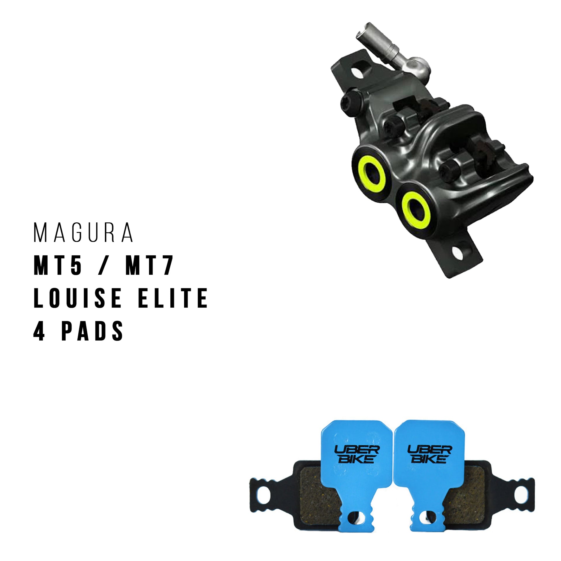 Magura 4 piece brake caliper with uberbike brake pads on a white background