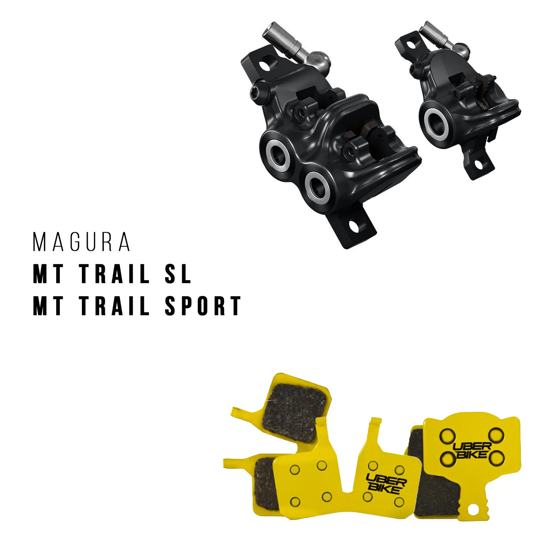 Magura MT Trail brake caliper with Uberbike brake pads on a white background