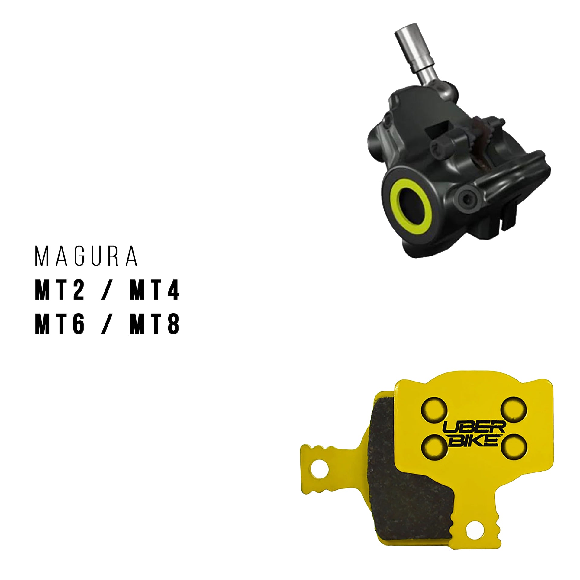 Magura MT2 brake caliper with Magura brake pads on a white background