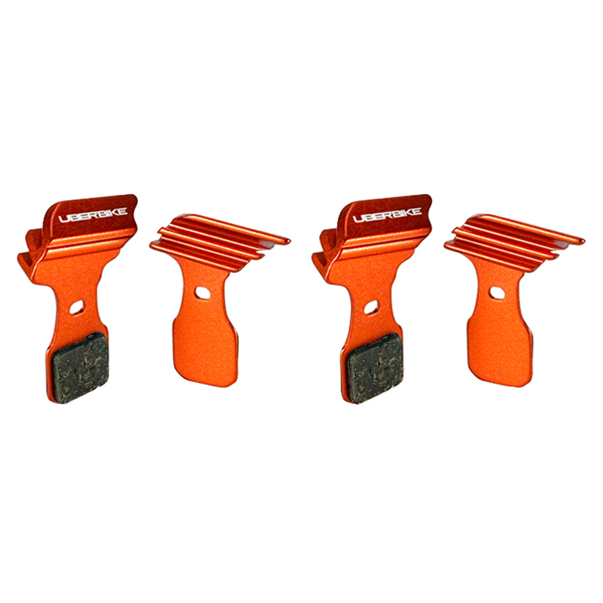 Orange finned 4 piece magura MT5 disc brake pads on a white background