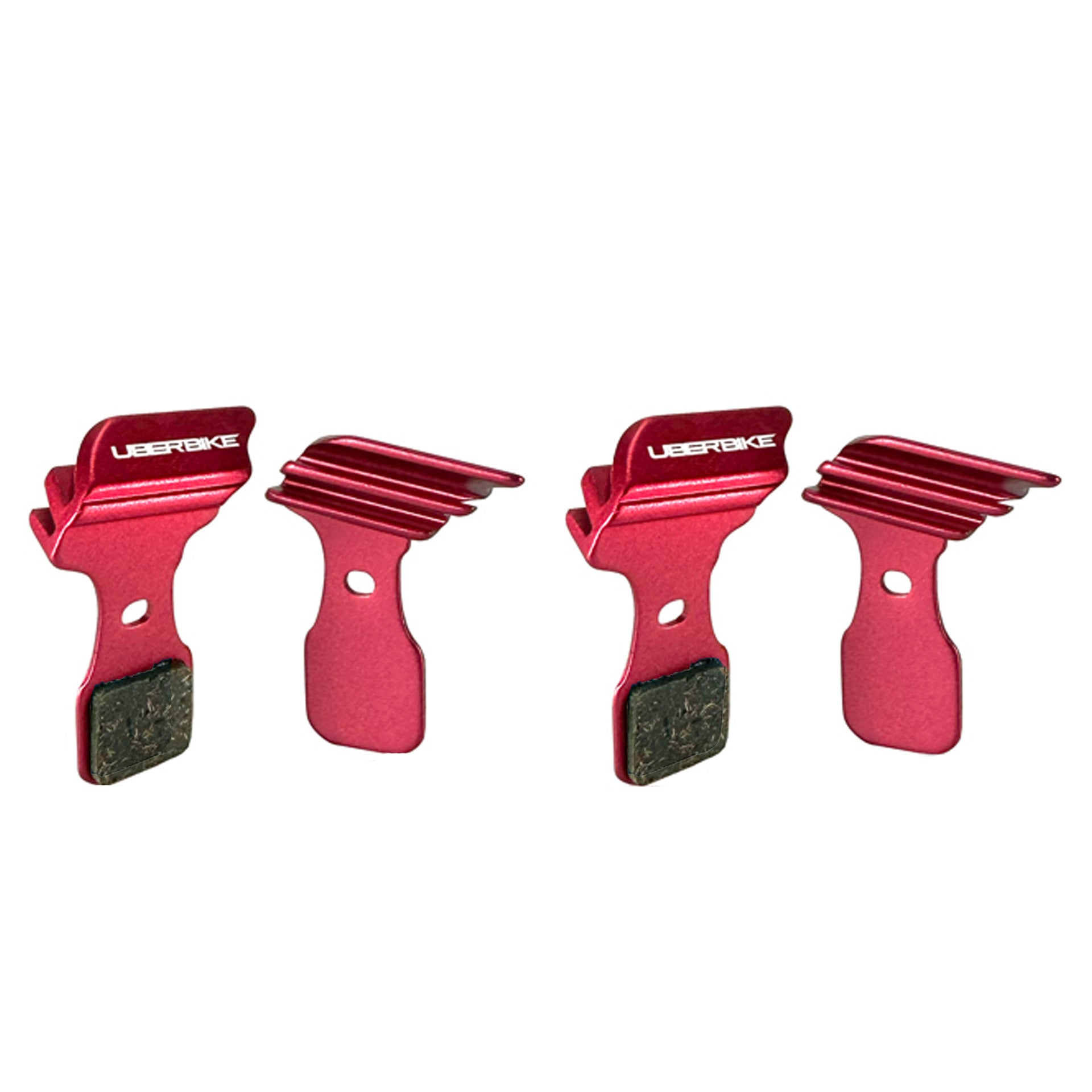 red finned 4 piece magura MT5 disc brake pads on a white background