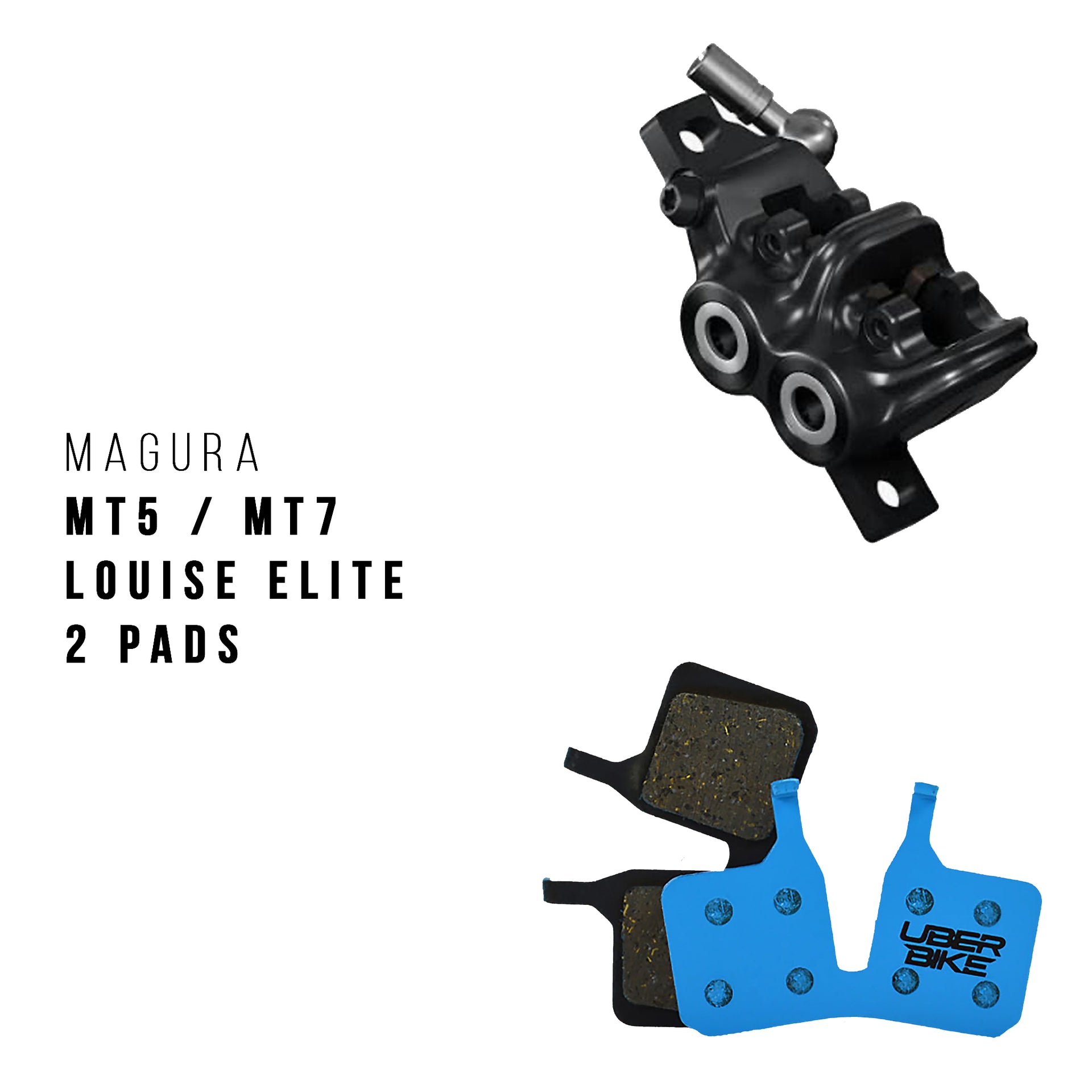 Magura MT5 brake caliper wth Uberbike brake pads on a white background 