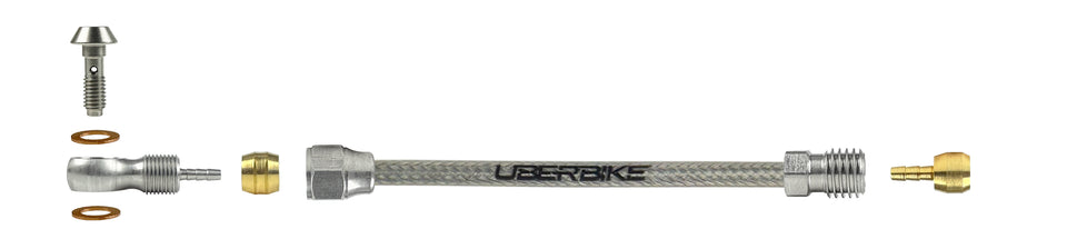 Magura hydraulic stainless braid brake hose fittings using a banjo bolt with Uberbike branding on a white background