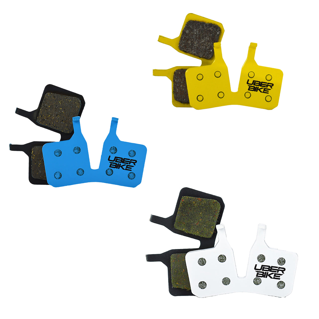 Uberbike branded Magura brake pads showing 3 compounds on a white background