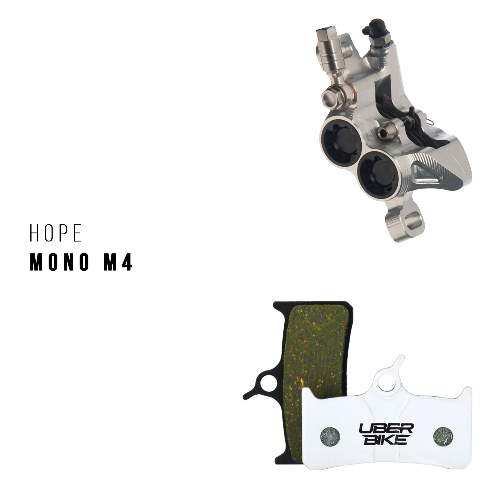 HOPE MONO M4 brake caliper and pads on a white background