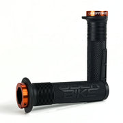 two black mushroom waffle mountain  bike grips and orange lockrings on a white background