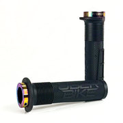 two black mushroom waffle mountain  bike grips and oil slick lockrings on a white background